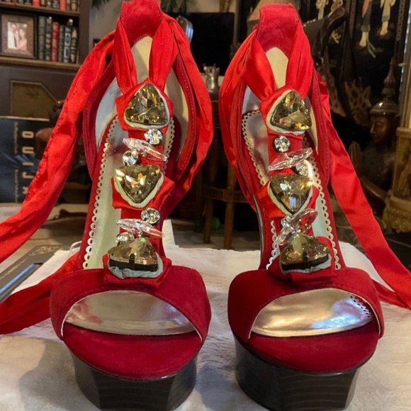 NEW IN BOX Bebe Platform JEWELS ! Ribbons Shoes w Stiletto Heels 8.5 RED LEATHER - Picture 3 of 9